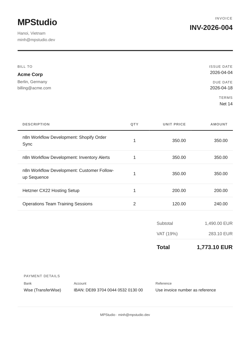Invoice generated from AI-parsed free text, showing structured line items, German VAT, and payment details