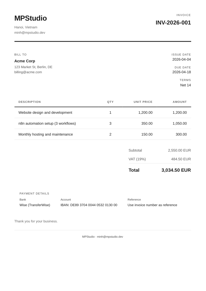 Generated invoice PDF showing line items, VAT calculation, payment details, and professional formatting