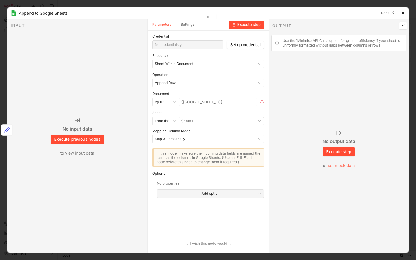 Google Sheets node config